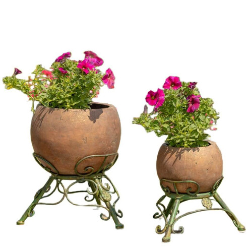 Set/2 Assorted Ceramic Globe Planters w/Metal Tripod Stands in Rust