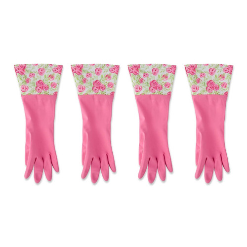 Core Home Cuffed Latex Cleaning & Dishwashing Gloves, 2 Pairs, Roses, Pink