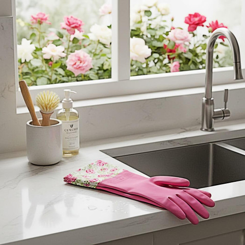 Core Home Cuffed Latex Cleaning & Dishwashing Gloves, 2 Pairs, Roses, Pink