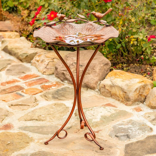 Zaer Birdbath,  Lilypad-Shaped Olia, Antique Bronze, 28.75" Tall with Tri-Stand