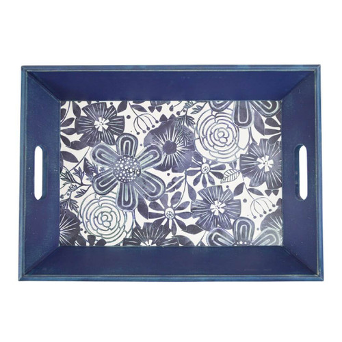 Boston Warehouse 18" Wood Tray, Navy and White Modern Floral