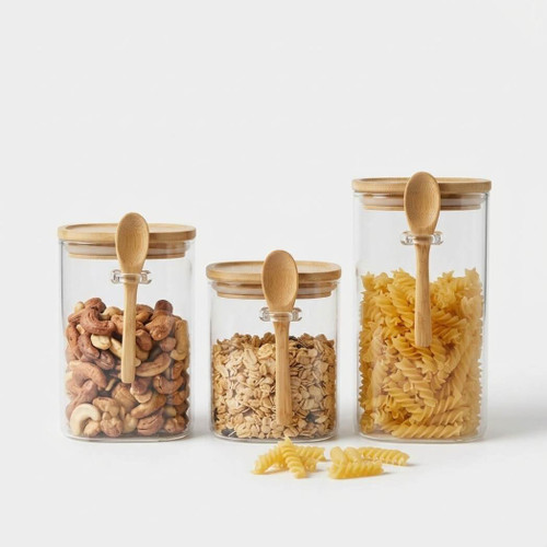 Grant Howard Square Clear Borosilicate Glass Jars with Lids and Spoons