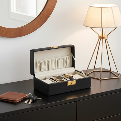 Budd Leather 4 Watch Black Leather Watch Box Budd Leather 4 Watch Black Leather Watch Box
