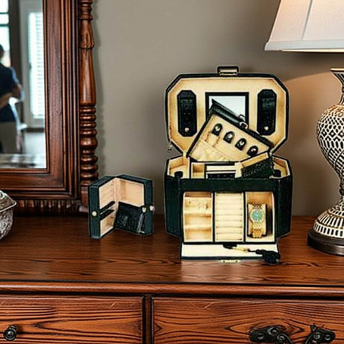 Budd Leather Lizard Calfskin Jewelry Box with Rollout Tray,  Black