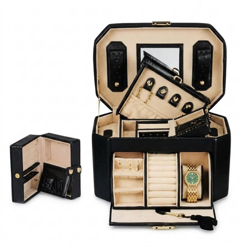 Budd Leather Lizard Calfskin Jewelry Box with Rollout Tray,  Black