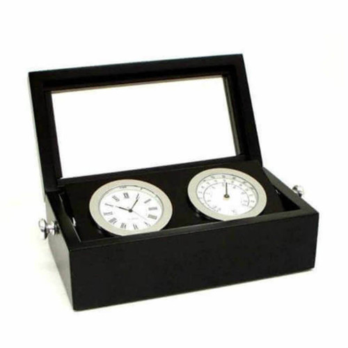 Bey Berk Chrome Clock & Thermometer in Black Box w/ Glass Top