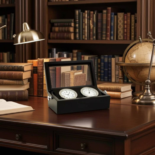 Bey Berk Chrome Clock & Thermometer in Black Box w/ Glass Top