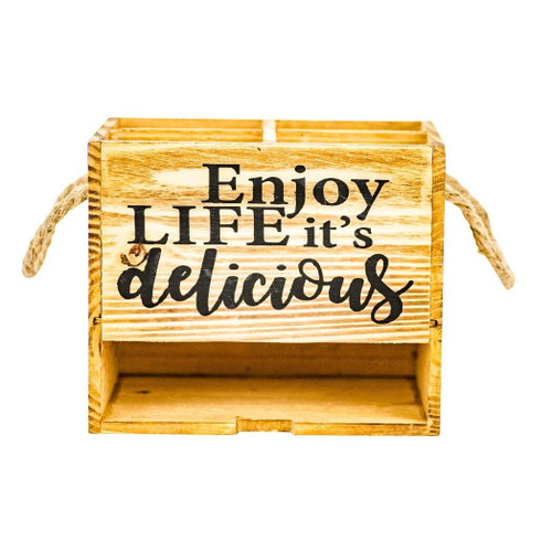 Wooden Flatware and Napkin Caddy "Enjoy Life, It's Delicious" 