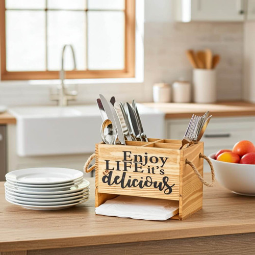 Wooden Flatware and Napkin Caddy "Enjoy Life, It's Delicious"