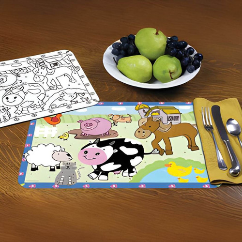 Counter Art Reversible Plastic Kid's Placemats, Set of 4, Kids Farm Animals