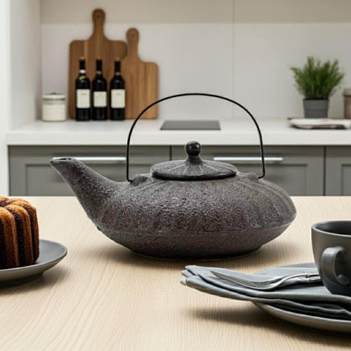 Boston Warehouse Stoneware Ribbed Oblong Teapot with Cast Iron Look