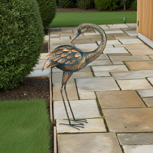 21.5" Patina Crane Statue, Preening