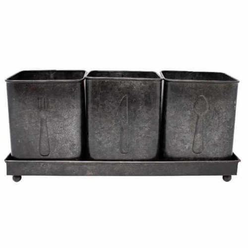Boston Warehouse Galvanized Metal Flatware Caddy, Embossed Utensils