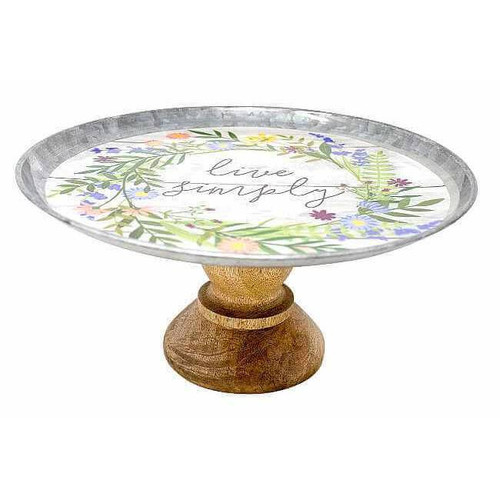 Boston Warehouse 12" Galvanized Cake Stand with Wooden Base, Live Simply