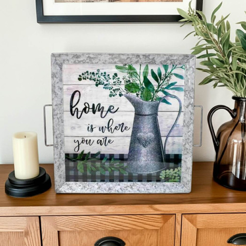 Boston Warehouse 17" Galvanized Metal Tray, Home Is Where You Are