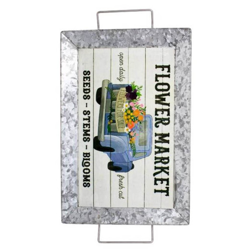  Boston Warehouse 18" Galvanized Metal Serving Tray with Handles, Flower Market