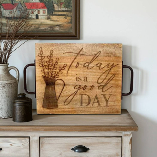 Boston Warehouse Wood Serving Tray with Handles, Good Day