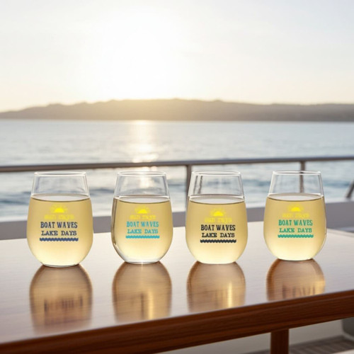 Wine-Oh Lake Days Shatterproof Plastic 16-Ounce Stemless Wine Glasses, Set of 4