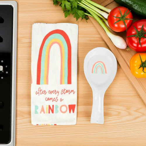 Boston Warehouse Spoon Rest & Tea Towel Set, Rainbow