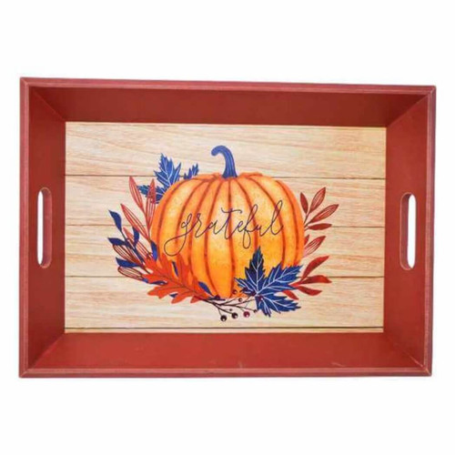 Boston Warehouse 18" Wood Serving Tray with Handles, Grateful