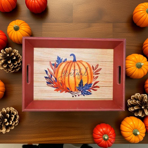 Boston Warehouse 18" Wood Serving Tray with Handles, Grateful