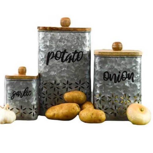 Boston Warehouse Set of 3 Metal Canisters with Wooden Lids 