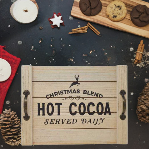 Boston Warehouse 16- in Wood Plank Tray with Metal Handles, Hot Cocoa