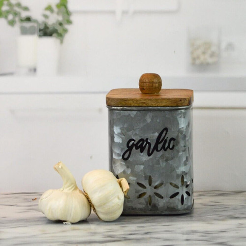 Boston Warehouse Galvanized Metal 6" Garlic Canister with Wooden Lid