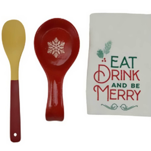 Boston Warehouse Spoon Rest, Tea Towel, Spoon Set, Snowflakes