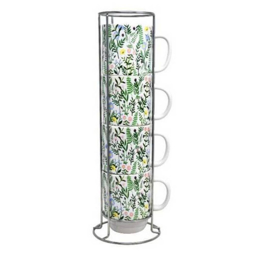 Boston Warehouse Wildflower 14-oz Stacked Mugs with Stand, Set of 4