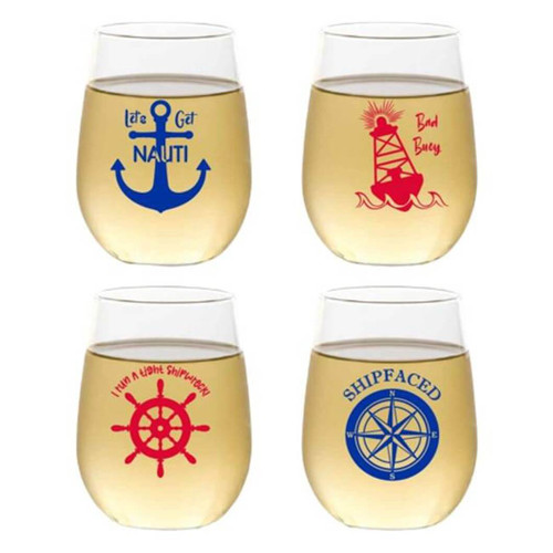 Wine-Oh Ocean Sprit 16-Ounce Stemless Wine Glasses, Set of 4 