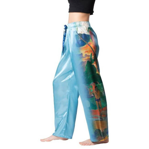 Galleria Women's Satin Pajama Pants, Gauguin Landscape with Peacocks, Blue