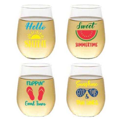 Wine-Oh Summer 16-Ounce Stemless Wine Glasses, Set of 4