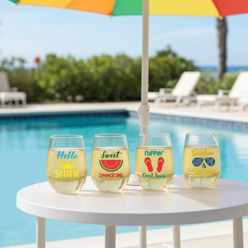 Wine-Oh Summer 16-Ounce Stemless Wine Glasses, Set of 4