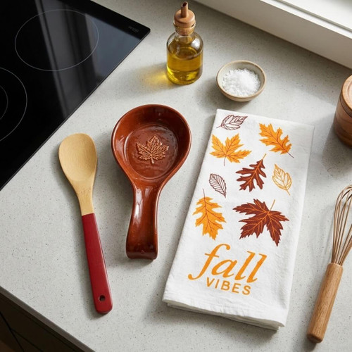 Boston Warehouse Spoon Rest, Tea Towel, Spoon Set,  Autumn Leaves