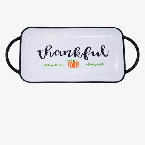 Boston Warehouse 13-In White Enamel Serving Tray with Handles, Thankful