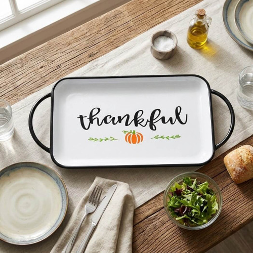 Boston Warehouse 13-In White Enamel Serving Tray with Handles, Thankful