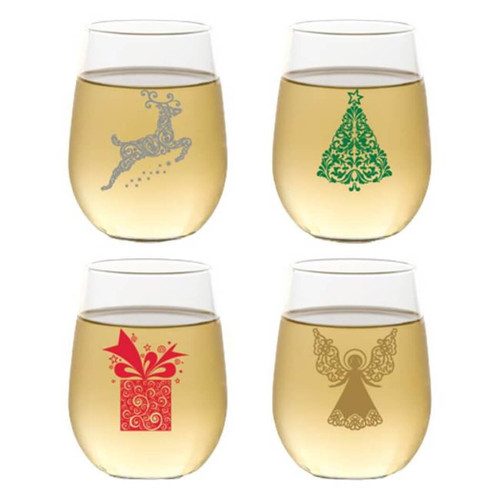 Wine-Oh Christmas Shatterproof 16-Ounce Stemless Wine Glasses, Set of 4