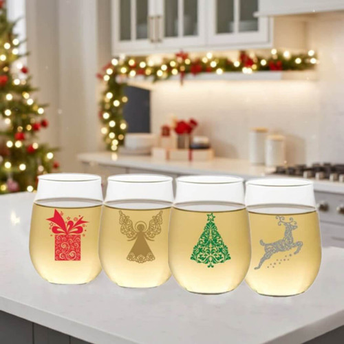 Wine-Oh Christmas Shatterproof 16-Ounce Stemless Wine Glasses, Set of 4