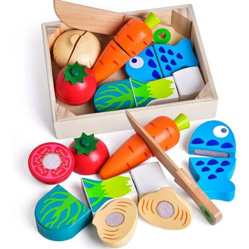Fun Little Toys 12-PC Wood Pretend Cutting Play Food Set with Case