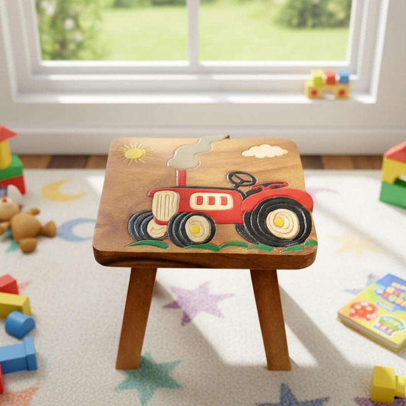 Sea Island Imports Tractor Design Hand Carved Acacia Wood Children's Stool