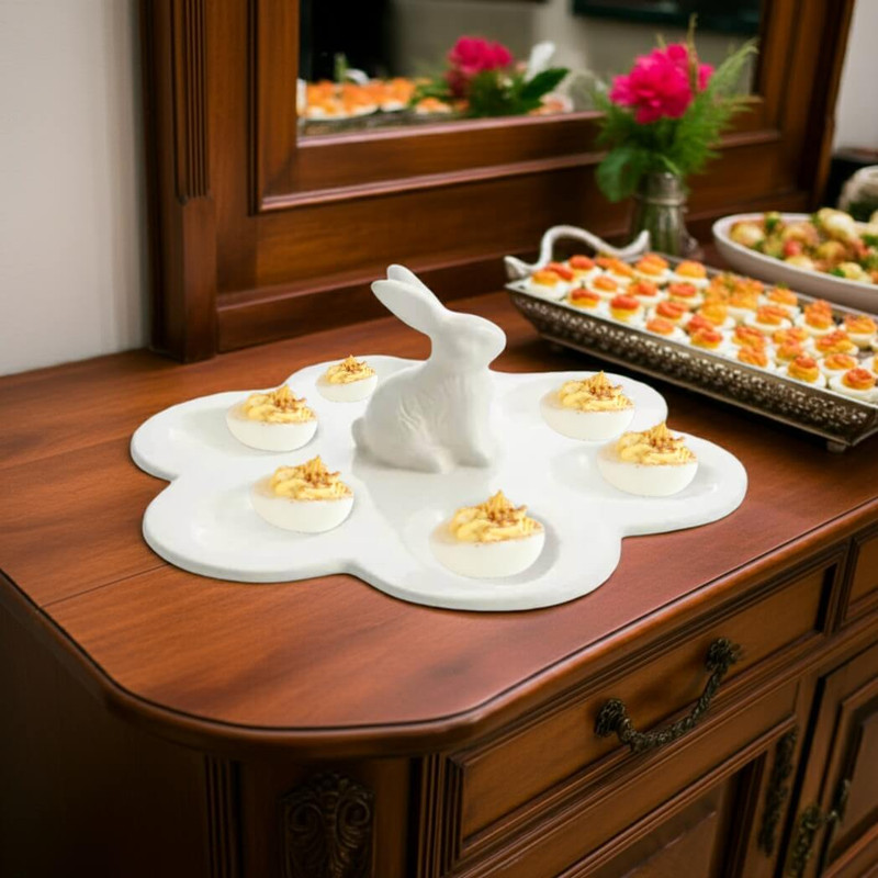 Bunny Ceramic Deviled Egg Tray, White