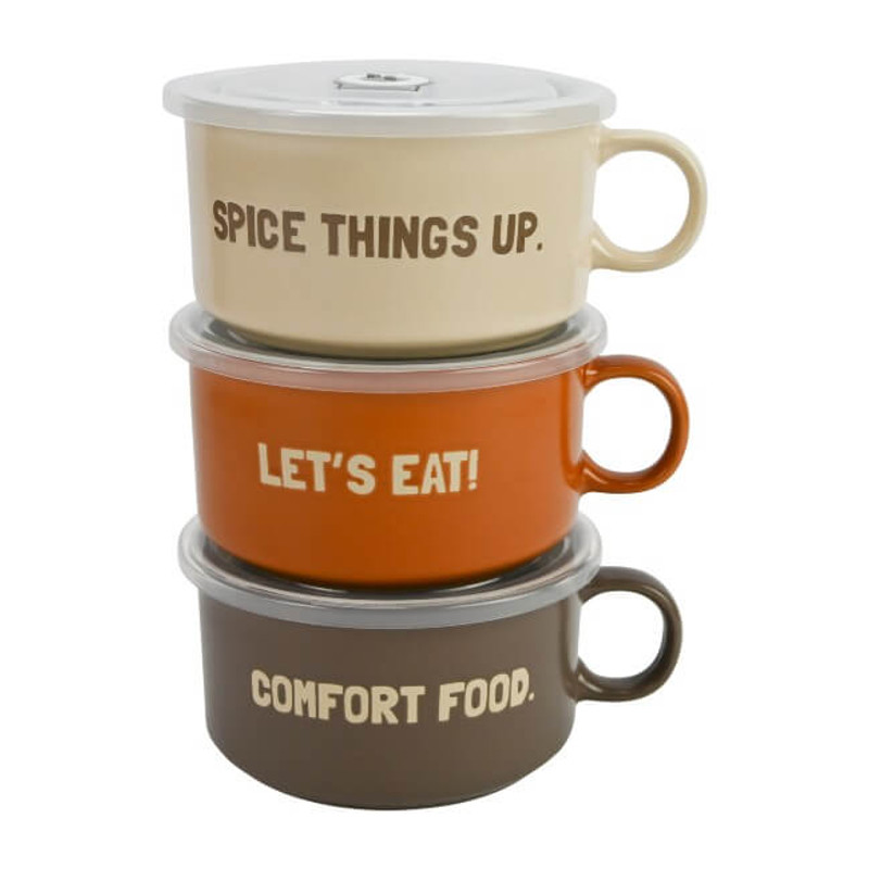 Boston Warehouse 22 Oz Souper Soup Mug Set with Lids, Let's Eat 