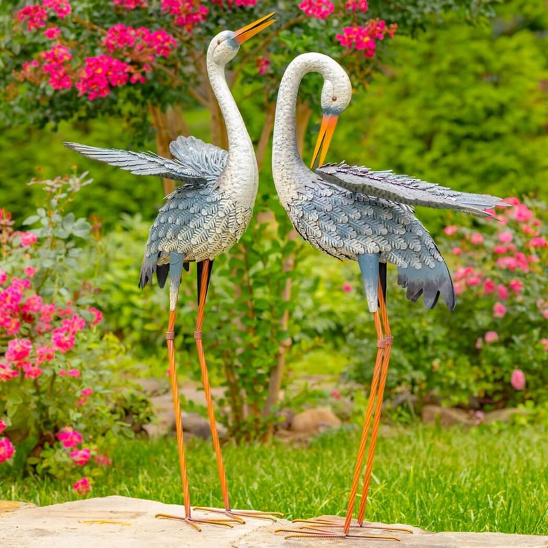 Zaer International 44" Tall Blue and White Metal Egret Garden Figurines, Set of 2
