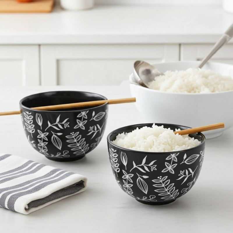 Boston Warehouse Noodle Bowl with Chopsticks, Grey Vine Set of 2 Boston Warehouse Noodle Bowl with Chopsticks, Grey Vine Set of 2