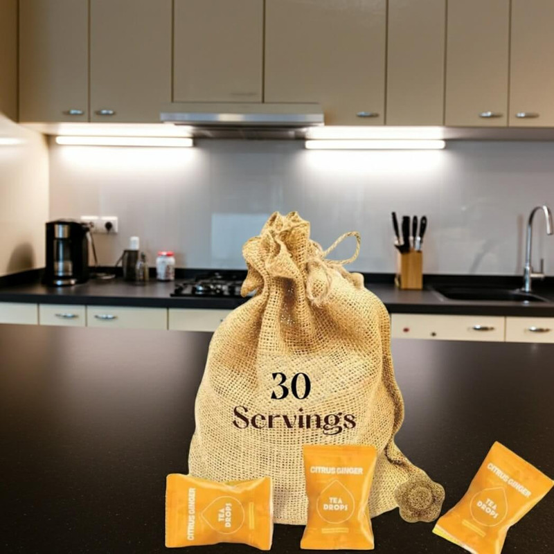 Tea Drops 30 Bulk Pack Organic Bagless Tea in Burlap Bag, Citrus Ginger
