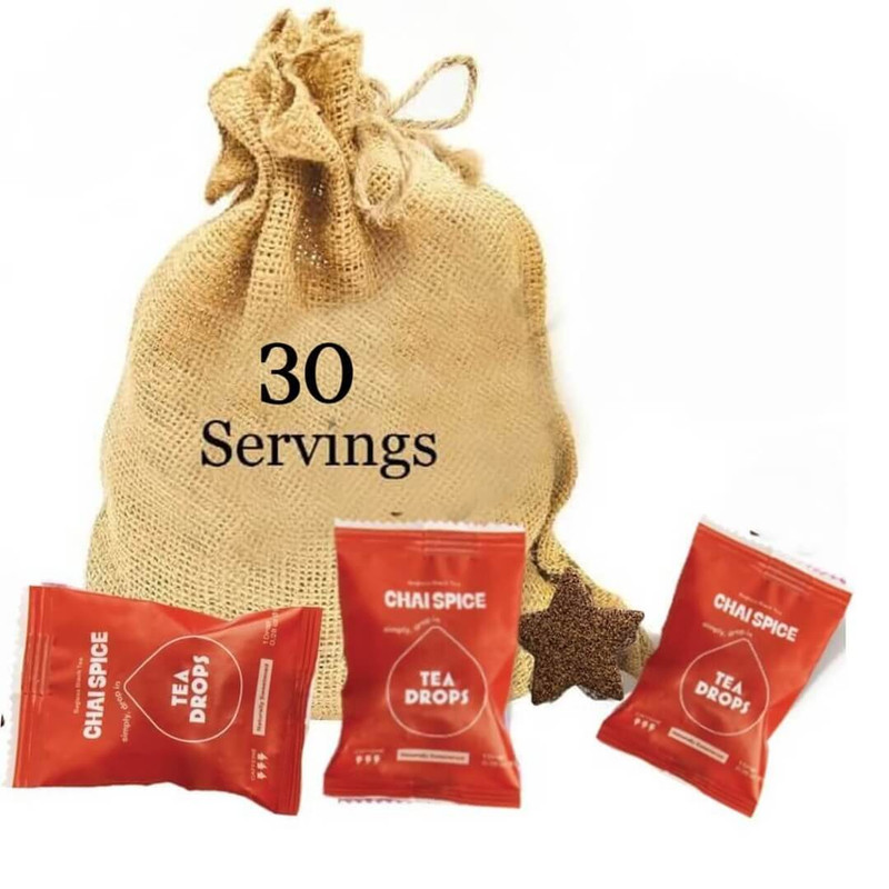 Tea Drops 30 Bulk Pack Organic Bagless Tea in Burlap Bag, Chai Spice Tea 