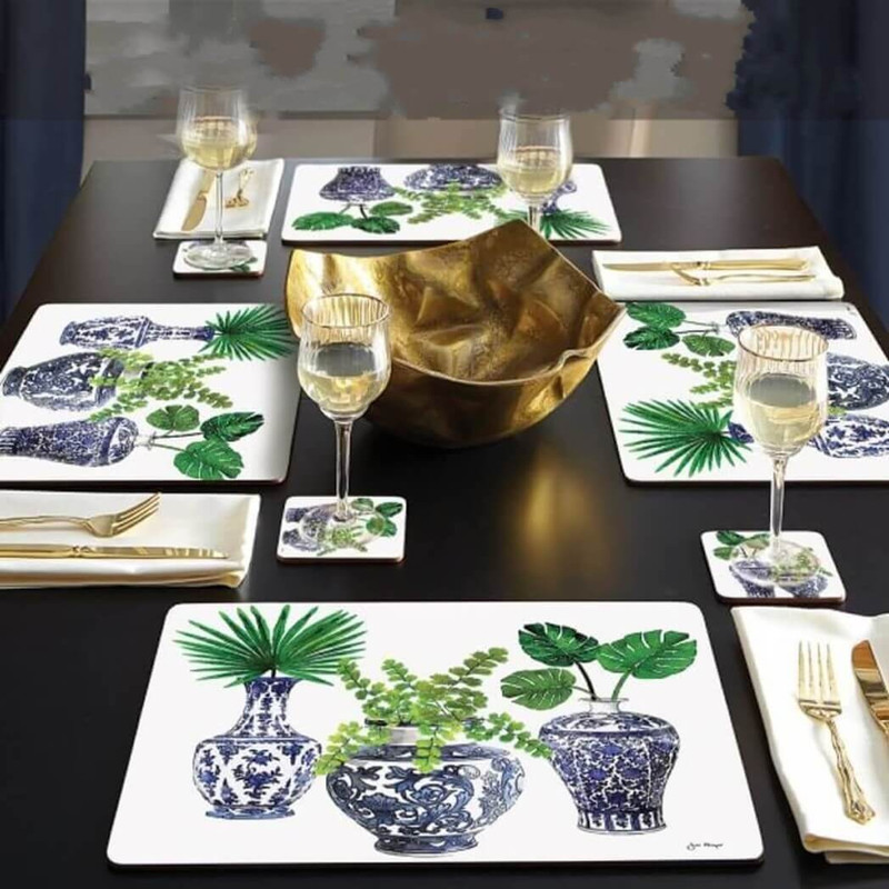 Cala Home Delft Blue Vases Hardboard Cork-Back Placemats, Set of 4