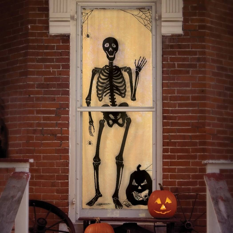 Heritage Lace Bones Skeleton Spider Web Halloween Scenic Panel Curtain, Black, 38" x 84"