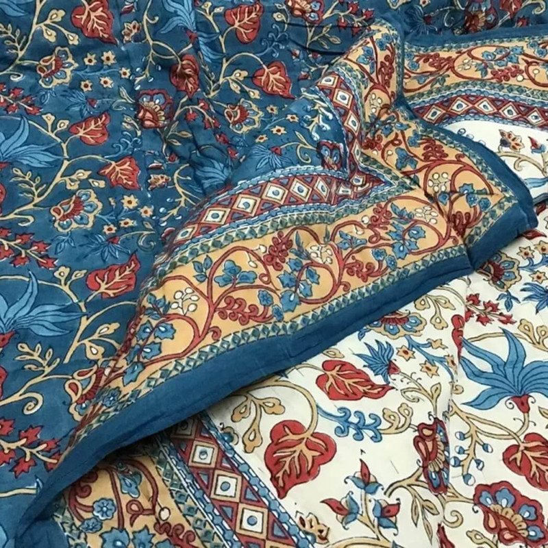 Natural Habitat Handblock Printed Reversible Queen Quilt, Indo Fleur